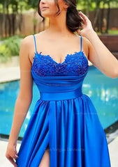 A Line V Neck Spaghetti Straps Sweep Train Satin Prom Dress With Appliqued Beading Pleated Split