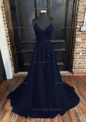 A Line V Neck Spaghetti Straps Sweep Train Tulle Prom Dress With Appliqued