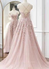 A Line V Neck Spaghetti Straps Sweep Train Tulle Prom Dress With Appliqued Beading