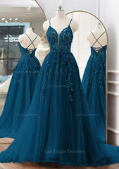 A Line V Neck Spaghetti Straps Sweep Train Tulle Prom Dress With Appliqued Beading