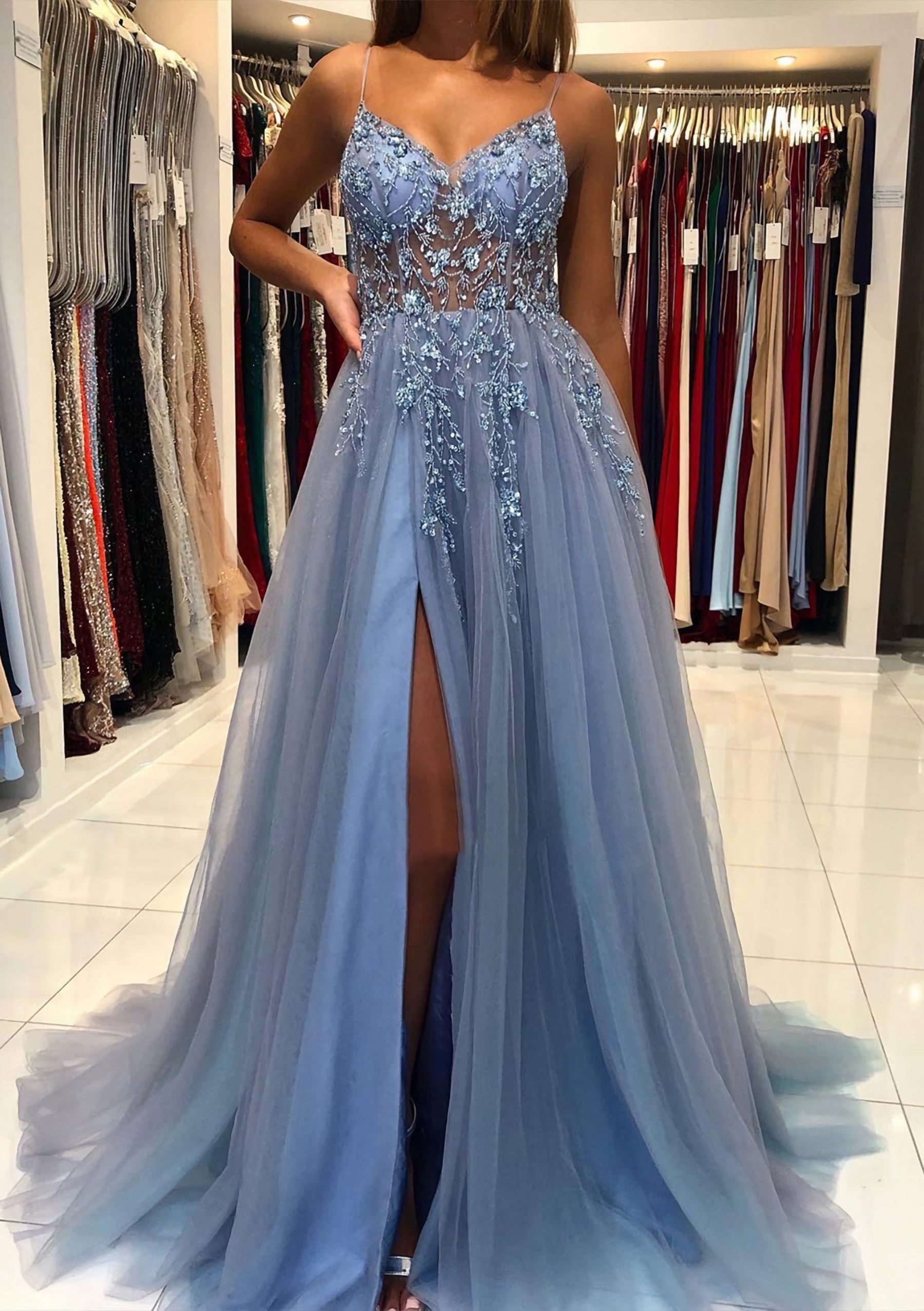 A Line V Neck Spaghetti Straps Sweep Train Tulle Prom Dress With Beading Sequins Split