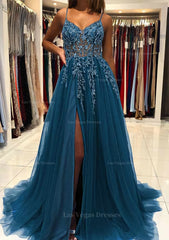 A Line V Neck Spaghetti Straps Sweep Train Tulle Prom Dress With Beading Sequins Split