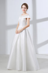 A-Line White Satin Lace Off The Shoulder Wedding Dresses