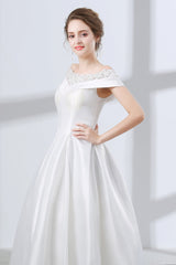 A-Line White Satin Lace Off The Shoulder Wedding Dresses