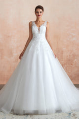 A-line with Sequined Appliques Tulle Illusion Back Wedding Dresses