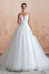 A-line with Sequined Appliques Tulle Illusion Back Wedding Dresses