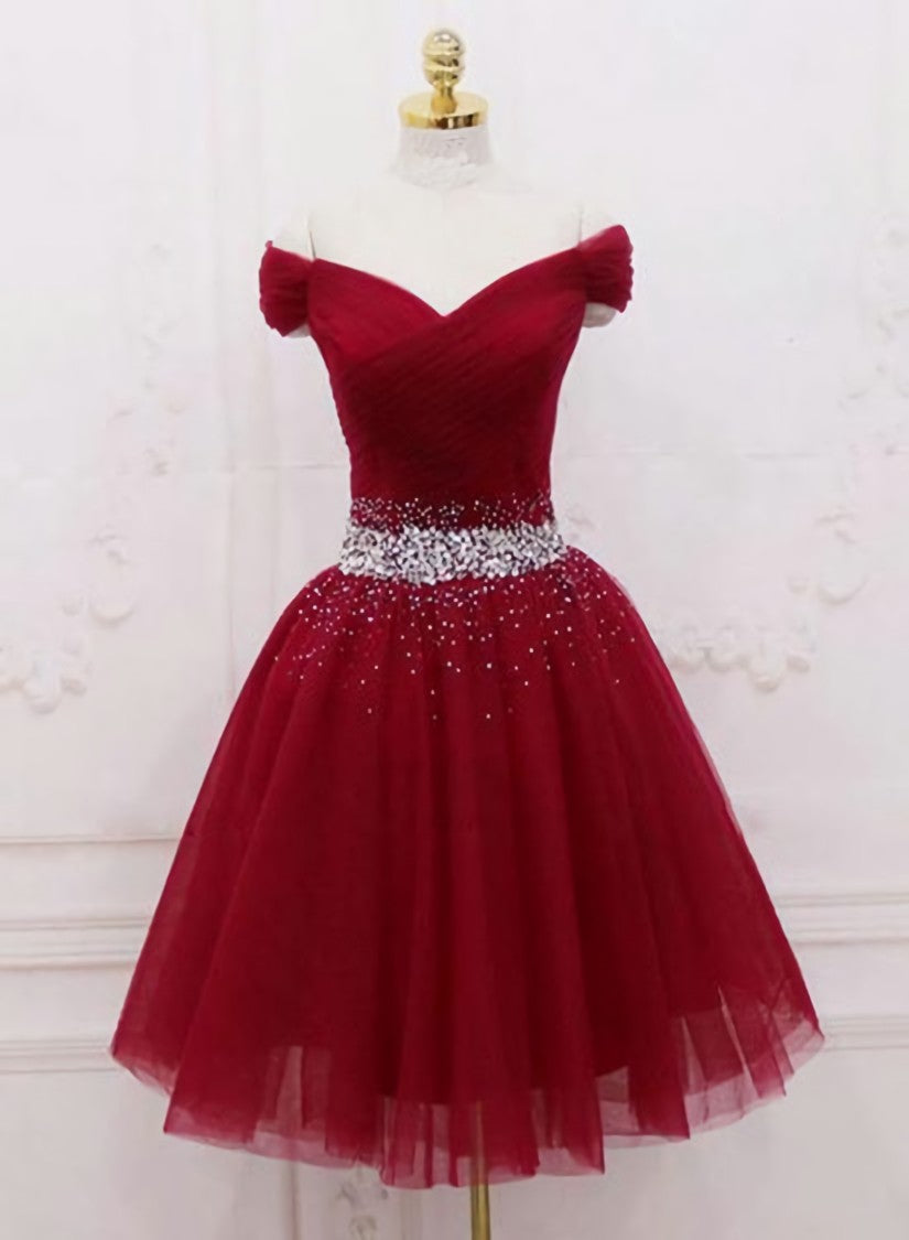Adorable Dark Red Homecoming Dress , Tulle Off the Shoulder Party Dress