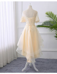Adorable Light Champagne High Low Party Dress with Lace Applique, Short Homecoming Dress