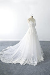 Amazing Long A-line V-neck Ruffle Appliques Tulle Wedding Dress