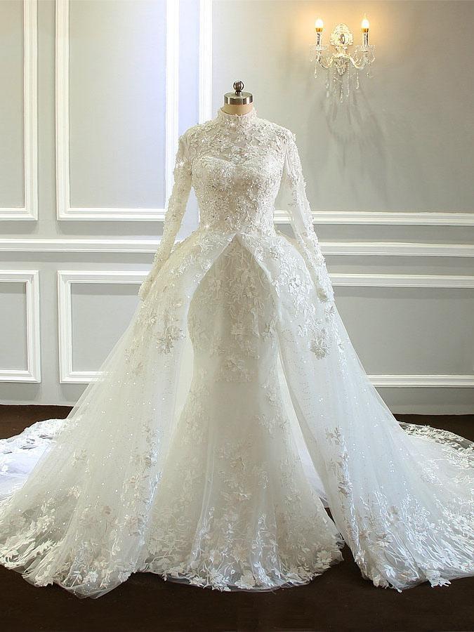 Amazing Long Mermaid High Neck Tulle Lace Wedding Dresses with Sleeves