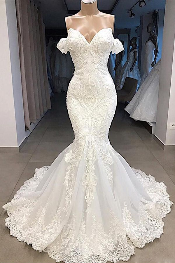 Amazing Sweetheart Mermaid White Wedding Dress Off the shoulder Lace Bridal Gowns Online