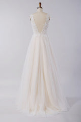 Awesome Long A-line Appliques Lace Tulle Open Back Wedding Dress