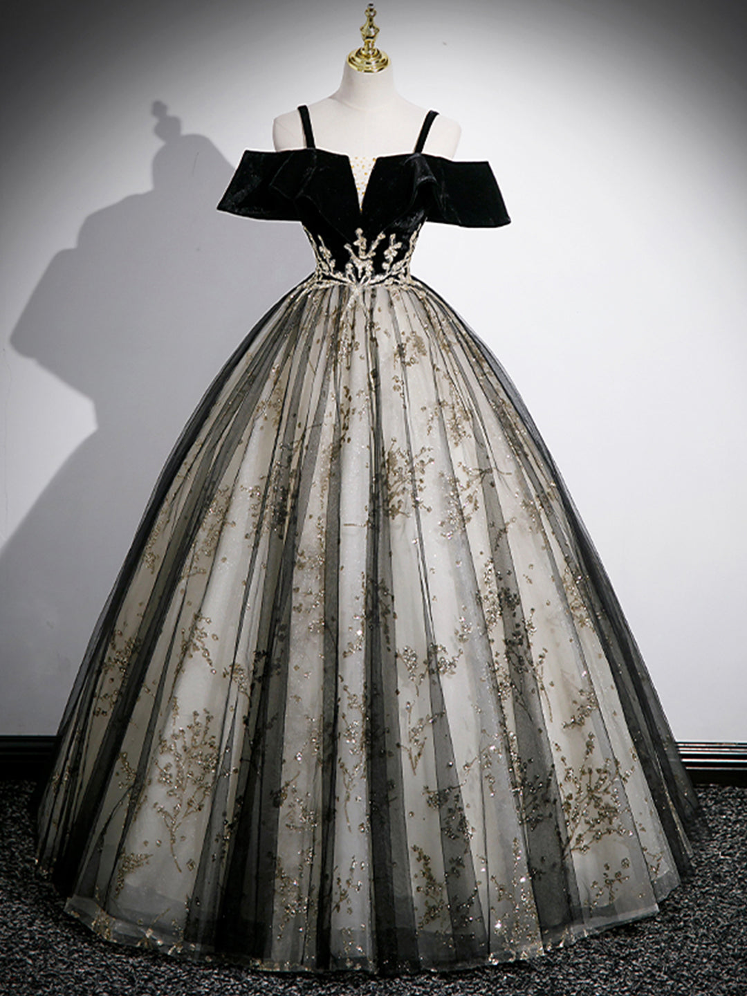 Black Velvet Tulle Sequins Floor Length Prom Dress, Off the Shoulder Evening Party Dress