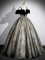 Black Velvet Tulle Sequins Floor Length Prom Dress, Off the Shoulder Evening Party Dress