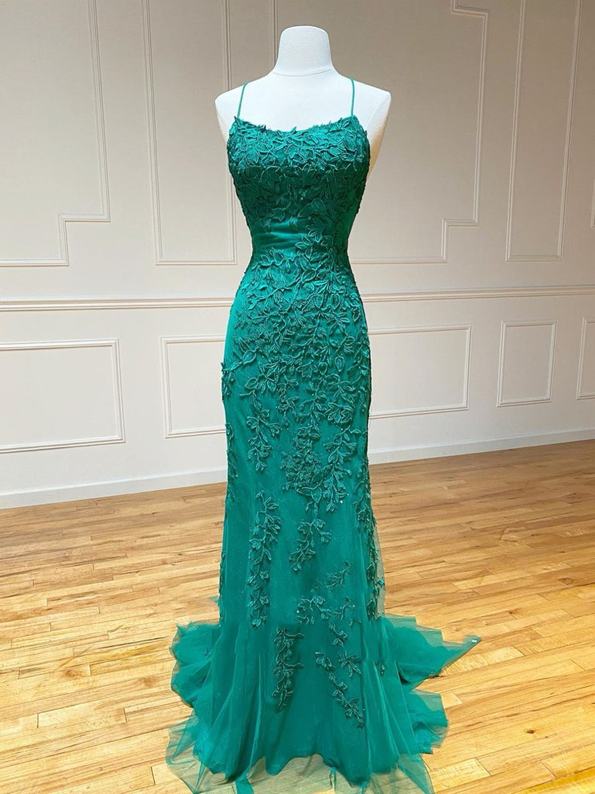 Backless Green Lace Mermaid Prom Dresses, Open Back Mermaid Lace Formal Evening Dresses