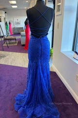 Backless Mermaid Blue Lace Tulle Long Prom Dress, Mermaid Blue Formal Dress, Blue Lace Evening Dress