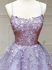Backless Purple Lace Prom Dresses, Open Back Purple Lace Formal Evening Dresses