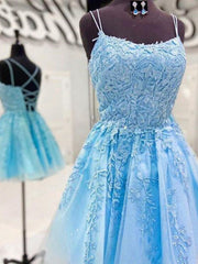 Backless Short Blue Lace Prom Dresses, Open Back Short Blue Lace Formal Graduation Dresses