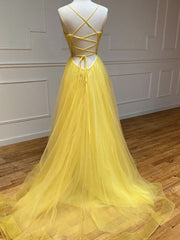 Backless Yellow Tulle Long Formal Evening Dresses, Open Back Yellow Tulle Long Prom Dresses