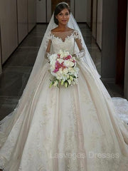 Ball Gown Bateau Sweep Train Satin Wedding Dresses With Appliques Lace