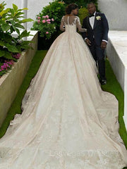 Ball Gown Bateau Sweep Train Satin Wedding Dresses With Appliques Lace