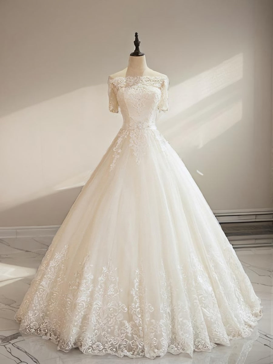 Ball-Gown Off-the-Shoulder 1/2 Sleeves Appliques Lace Floor-Length Tulle Wedding Dress