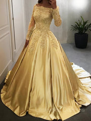 Ball Gown Off-the-Shoulder Floor-Length Satin Prom Dresses With Appliques Lace
