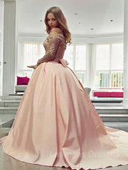 Ball Gown Off-the-Shoulder Court Train Satin Prom Dresses With Bow