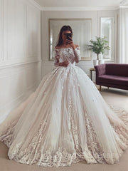 Ball Gown Off-the-Shoulder Chapel Train Tulle Wedding Dresses With Appliques Lace