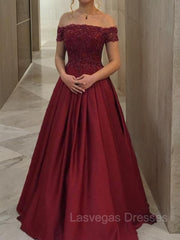 Ball Gown Off-the-Shoulder Floor-Length Satin Evening Dresses With Appliques Lace