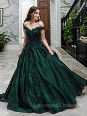 Ball Gown Off-the-Shoulder Floor-Length Satin Prom Dresses With Appliques Lace