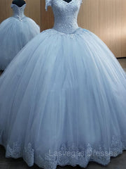 Ball Gown Off-the-Shoulder Floor-Length Tulle Prom Dresses With Appliques Lace