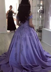 Ball Gown Off The Shoulder Sleeveless Sweep Train Satin Prom Dress With Appliqued Beading