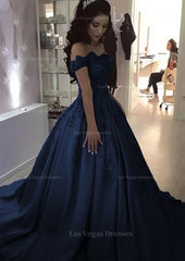 Ball Gown Off The Shoulder Sleeveless Sweep Train Satin Prom Dress With Appliqued Beading