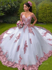 Ball Gown Off-the-Shoulder Sweep Train Lace Wedding Dresses With Appliques Lace