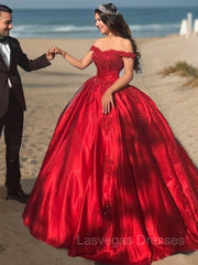Ball Gown Off-the-Shoulder Sweep Train Satin Prom Dresses With Appliques Lace