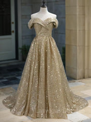 Ball Gown Off-the-Shoulder Sweep Train Sequins Prom Dresses With Lace