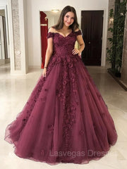 Ball Gown Off-the-Shoulder Sweep Train Tulle Prom Dresses With Appliques Lace