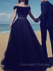 Ball Gown Off-the-Shoulder Sweep Train Tulle Prom Dresses With Beading