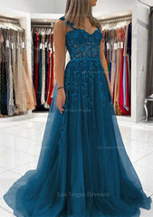 Ball Gown Princess Sweetheart Tulle Sweep Train Prom Dress With Appliqued Lace