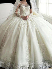 Ball Gown Scoop Cathedral Train Tulle Wedding Dresses With Appliques Lace