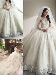 Ball Gown Scoop Cathedral Train Tulle Wedding Dresses With Appliques Lace