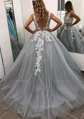 Ball Gown Sleeveless Long Floor Length Tulle Prom Dress With Lace Appliqued Beading