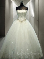 Ball Gown Strapless Floor-Length Tulle Wedding Dresses With Rhinestone