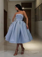 Ball Gown Strapless Tea-Length Satin Homecoming Dresses With Ruffles
