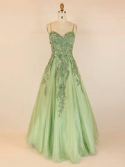 Ball Gown V-neck Tulle Floor-length With Appliques Lace Prom Dresses