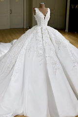Ball Gown V-neck Wide Strap Short Train Tulle Applique Wedding Dress