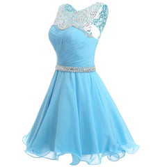 Beaded Chiffon Round Neckline Short Party Dress, Blue Chiffon Homecoming Dresses