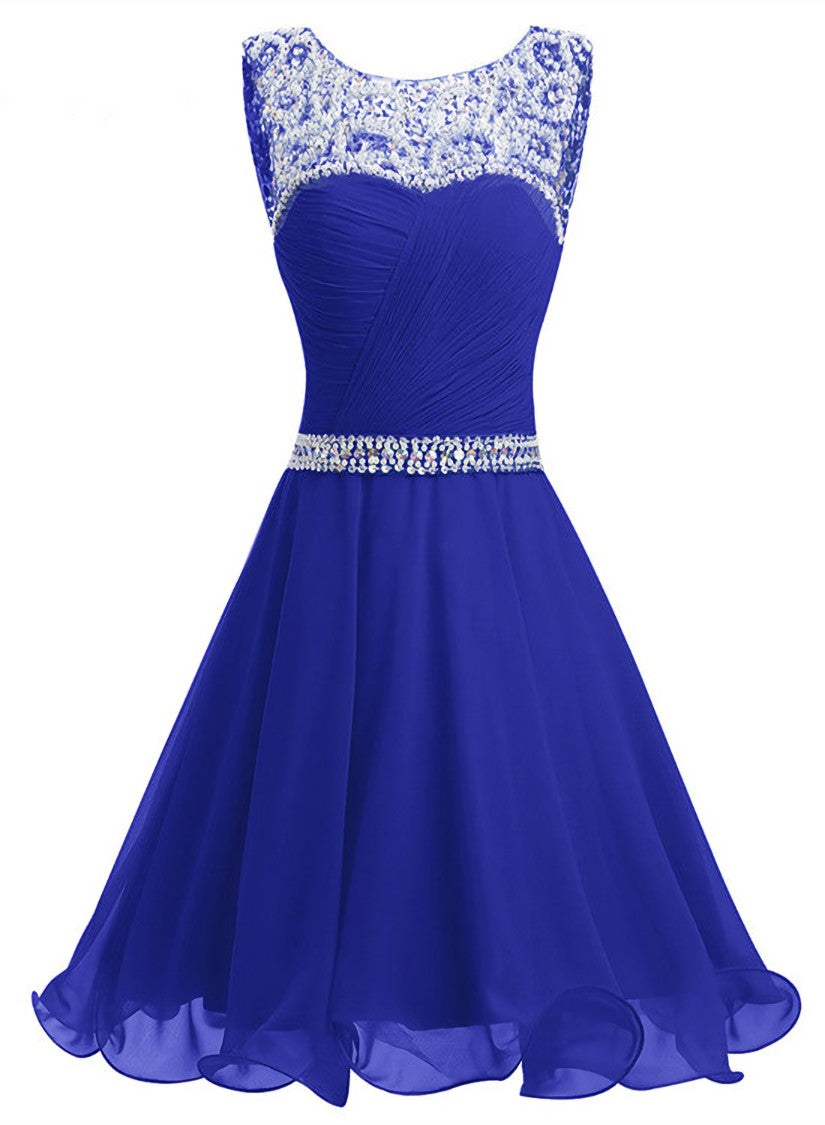 Beaded Chiffon Round Neckline Short Party Dress, Blue Chiffon Homecoming Dresses