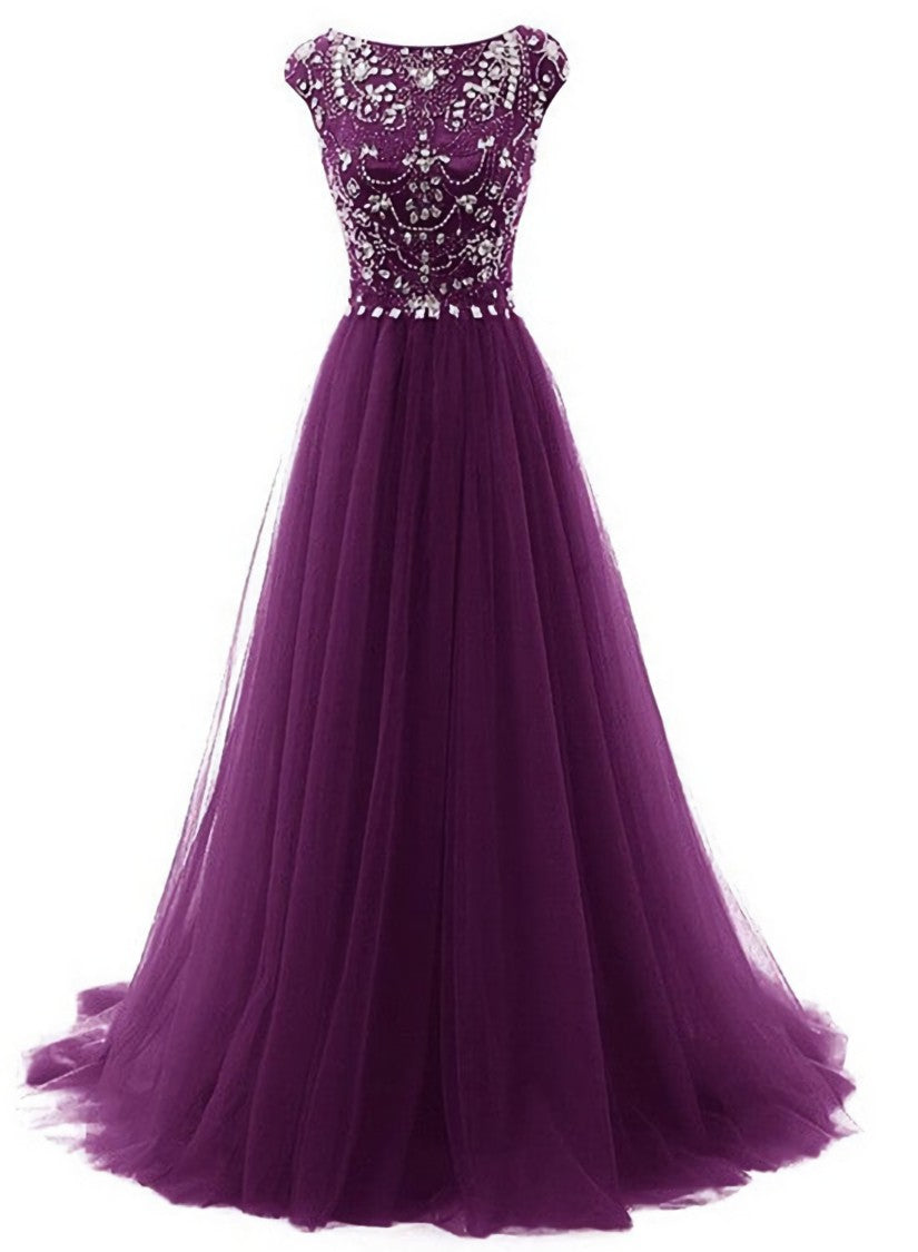 Beaded Tulle Long Party Gown, Tulle Cap Sleeves Formal Dresses